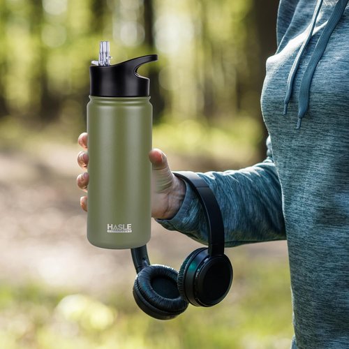 HASLE OUTFITTERS Insulated Water Bottle - 16 oz Double Wall Vacuum Stainless Steel, Leak Proof, Army Green