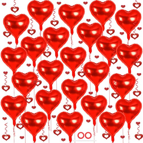 24 Pcs Red Heart Balloons, 100 Pcs Heart Hanging Streamers, 18 Inch Heart Foil Balloons Valentine's Day Balloon Love Balloon for Valentines Day Proposal Wedding Party Decorations (Red)