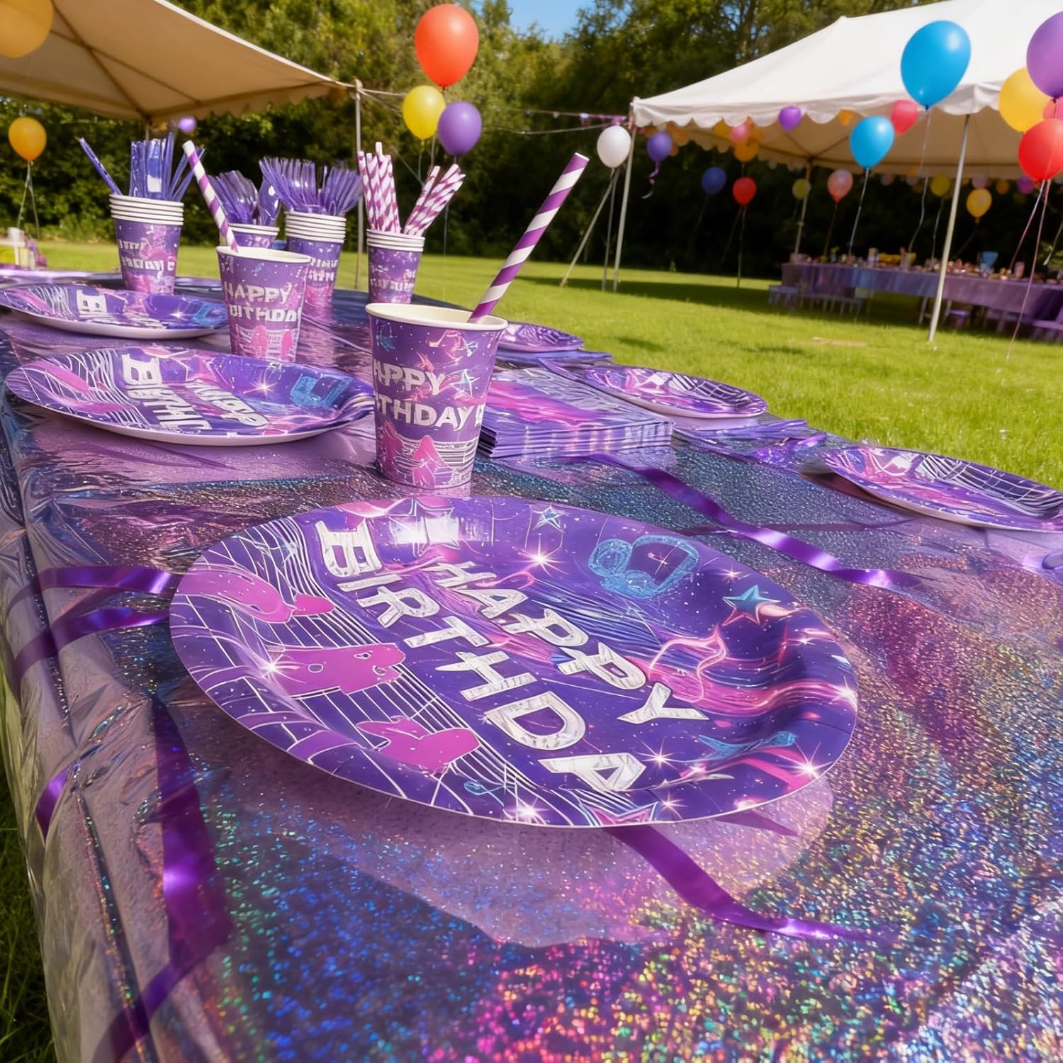 Skiennix Holographic Tablecloth - 54x108 Inch Purple Lightning Bolt | Waterproof Disposable Cover for Kpop Birthday Party