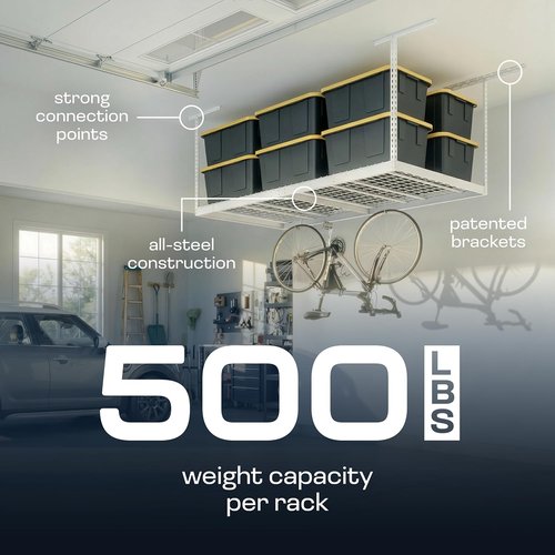 MonsterRax Overhead Garage Storage Rack - Adjustable Ceiling Shelving | 2-Pack, White, 24"-45" Height