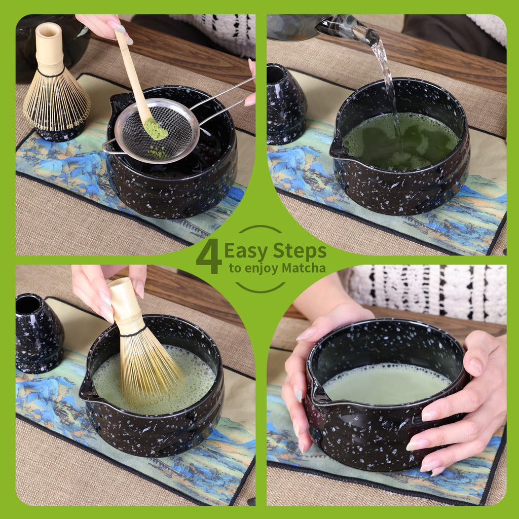 VONAHAST Japanese Matcha Whisk Set - 7-Piece Kit Bamboo Chasen, Ceramic Bowl with Spout, Stainless Steel Sifter & Holder Yellow