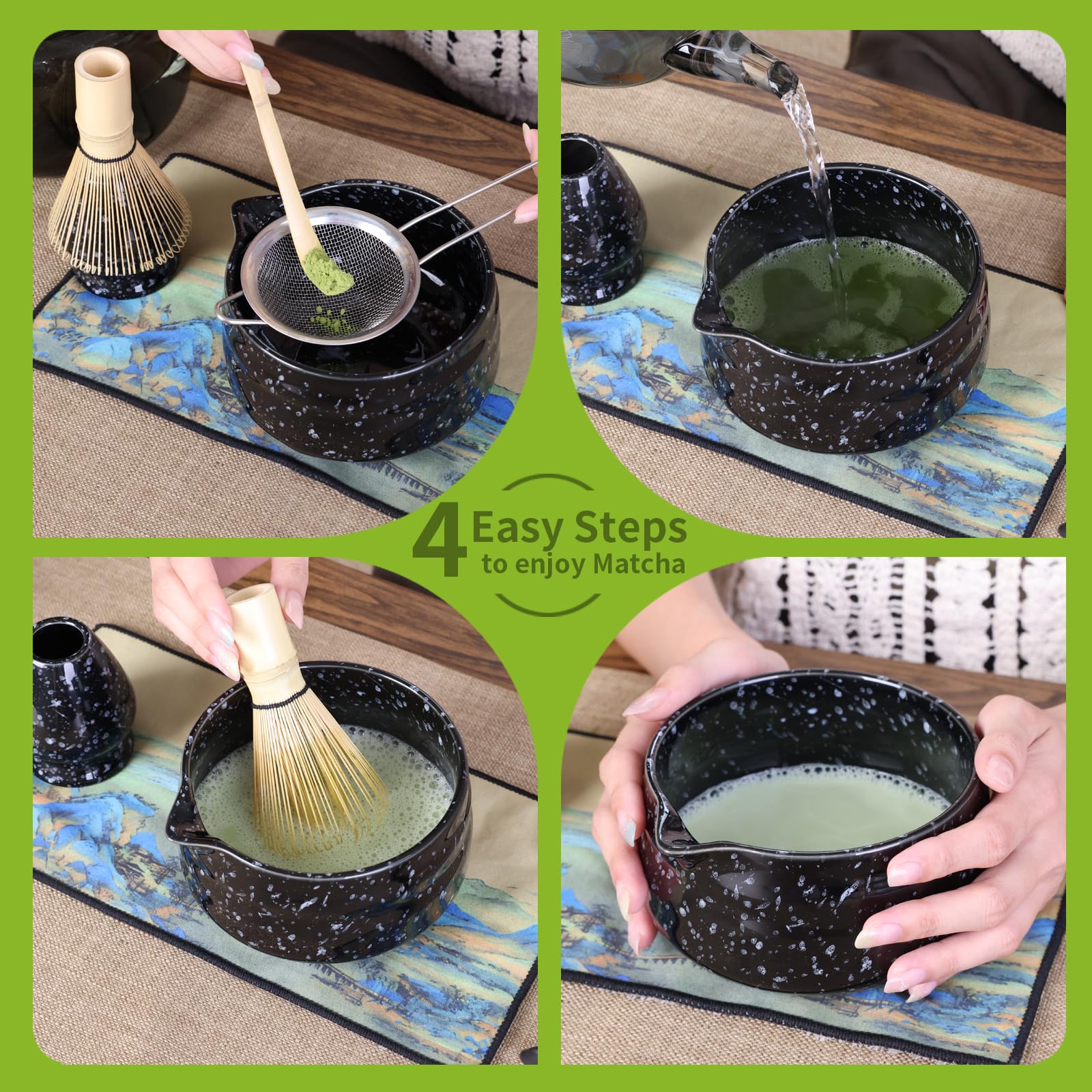 VONAHAST Japanese Matcha Whisk Set - 7-Piece Kit Bamboo Chasen, Ceramic Bowl with Spout, Stainless Steel Sifter & Holder Yellow