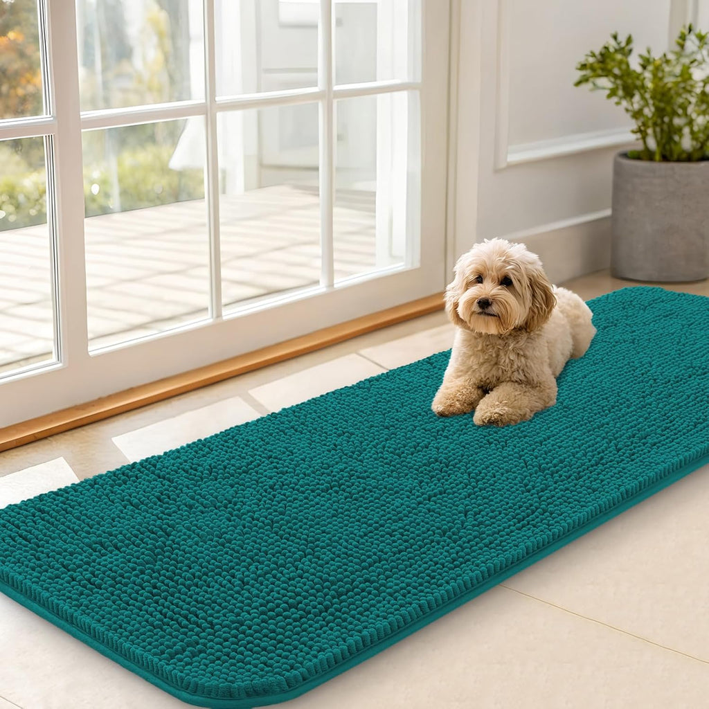 OLANLY Dog Door Mat - Absorbent Non-Slip Washable Doormat for Muddy Paws | 59x20, Quick Dry Chenille, Lake Blue