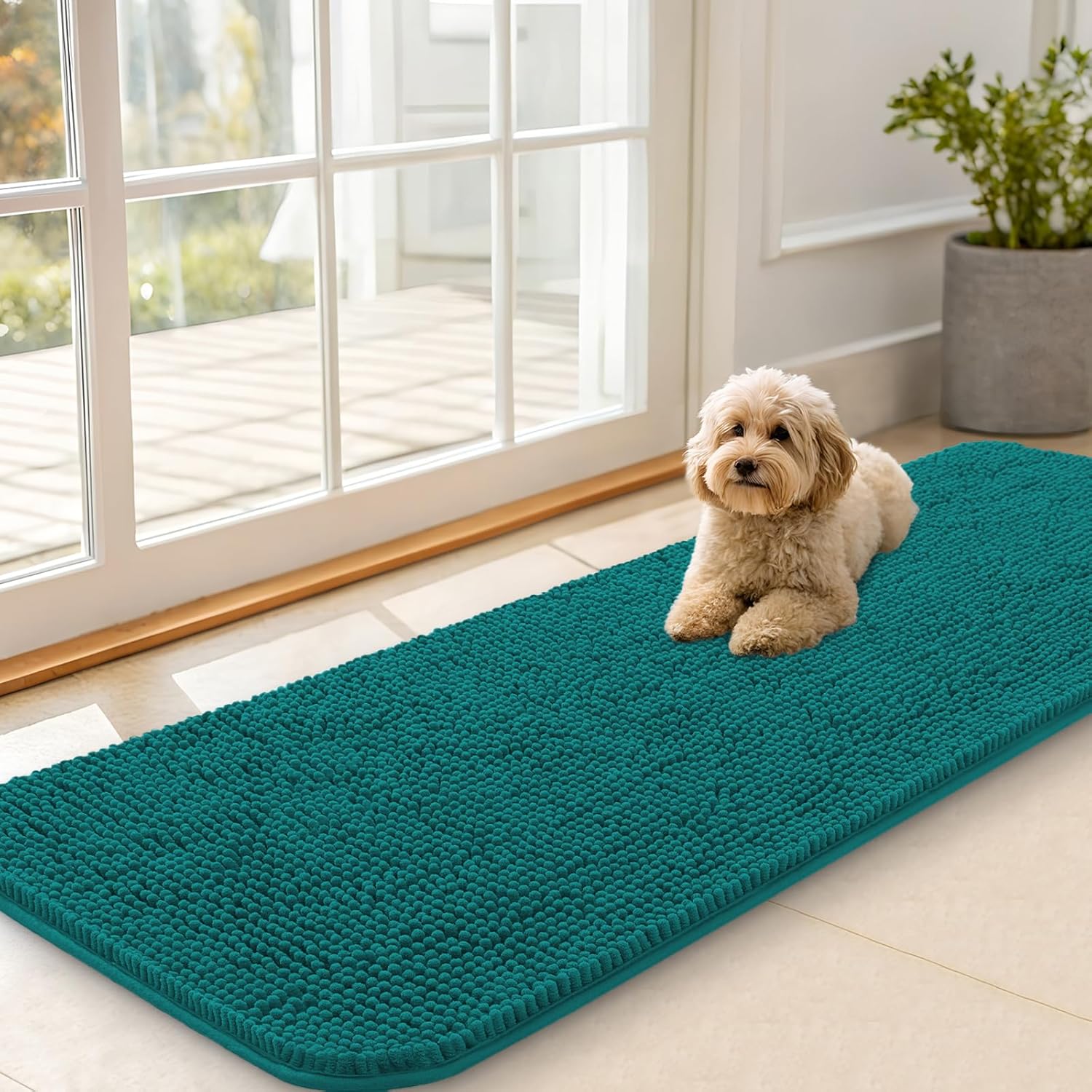 OLANLY Dog Door Mat - Absorbent Non-Slip Washable Doormat for Muddy Paws | 59x20, Quick Dry Chenille, Lake Blue