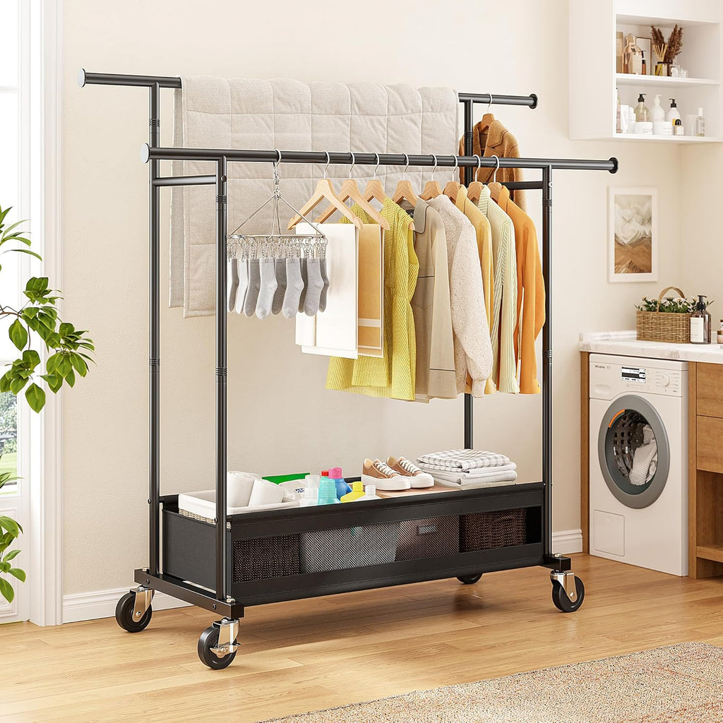 Skiennix Double Rod Clothing Rack - Rolling Garment Rack with Storage Basket & Heavy-Duty Wheels | Black