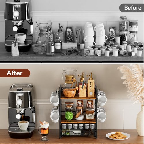 Plaviya Coffee Bar Organizer Countertop Station Shelf, 4 Tier Mug Cup Holder Stand with 12 Hooks, 30 K Cup Coffee Pod Holder, Multifunctional Coffee Shelf Organizer for Accessories Station Kitchen