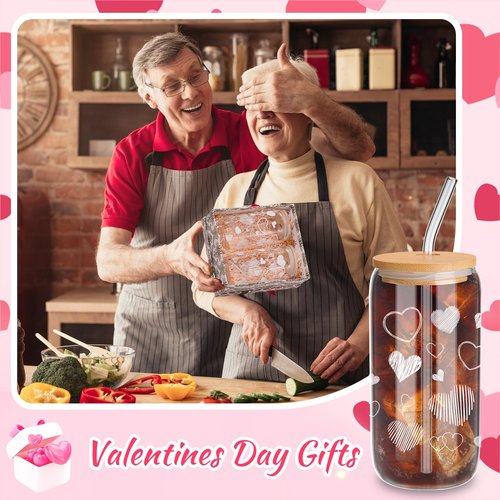 Yetene 2 Sets White Hearts Glass Cups, 16 oz Valentine's Day Tumbler Glasses with Bamboo Lids and Straws Iced Coffee Clear Glass Drinking Cups for Galentines Party Couple Lover Birthday Gifts