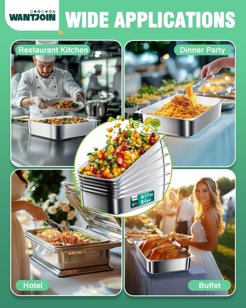 WantJoin Steam Table Hotel Pans 1/1 Full Size 4 Inch Deep 6 Pack, Stainless Steel Metal Tray Sets Food Storage Container for Restaurant Chafing Dishes Commercial Buffet Catering Supplies