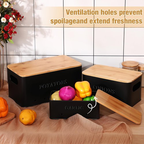 Honeydak 3 PCS Potato Onion Garlic Storage Bins Set, Metal Vegetable Keeper Containers with Lids Aerating Holes for Kitchen Counter Pantry Keep Fresh Longer Farmhouse for Sweet-potato Fruit(Black)