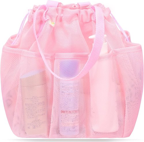 Famichan Mesh Shower Caddy - Portable Drawstring Design for College Dorms & Travel | Large Pink Bag