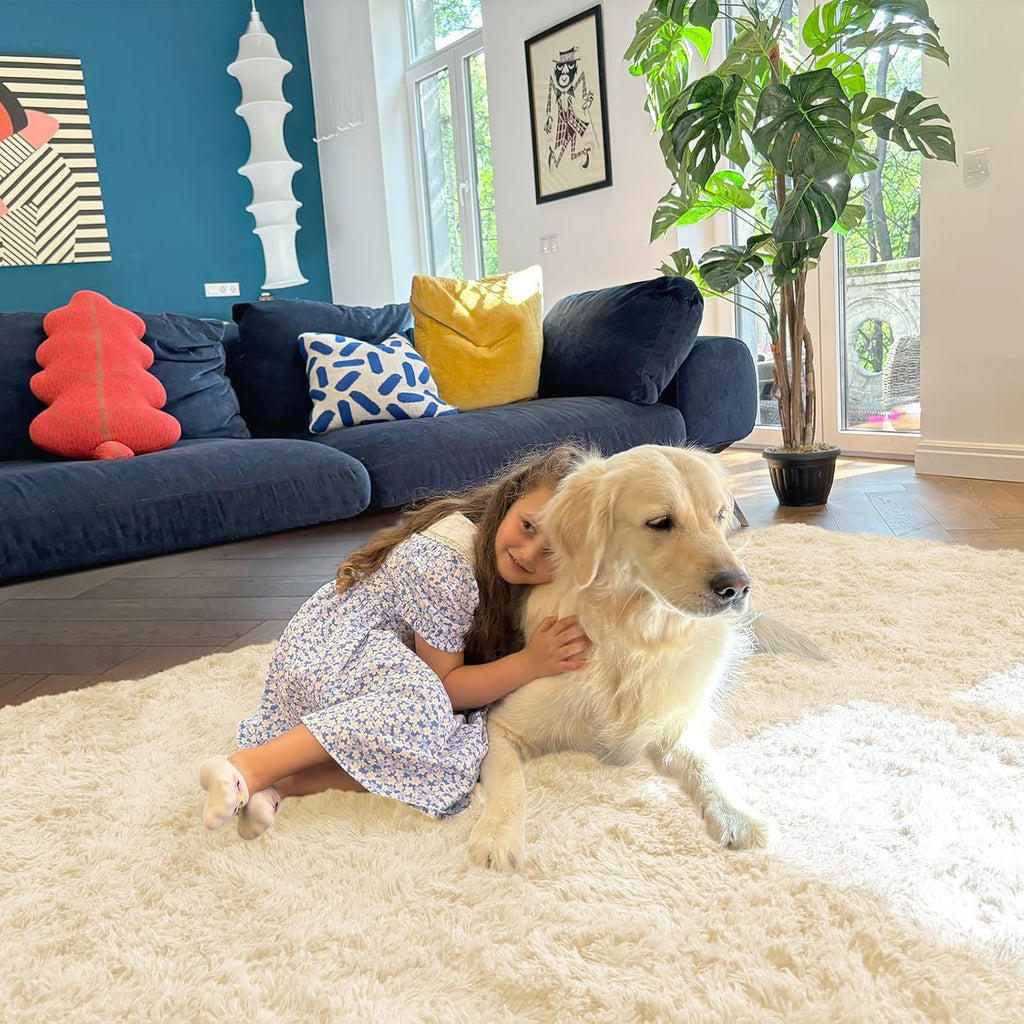 OLANLY Area Rugs - Soft Fluffy Shaggy Indoor Carpet for Living Room & Bedroom | 4x5.9 ft Cream