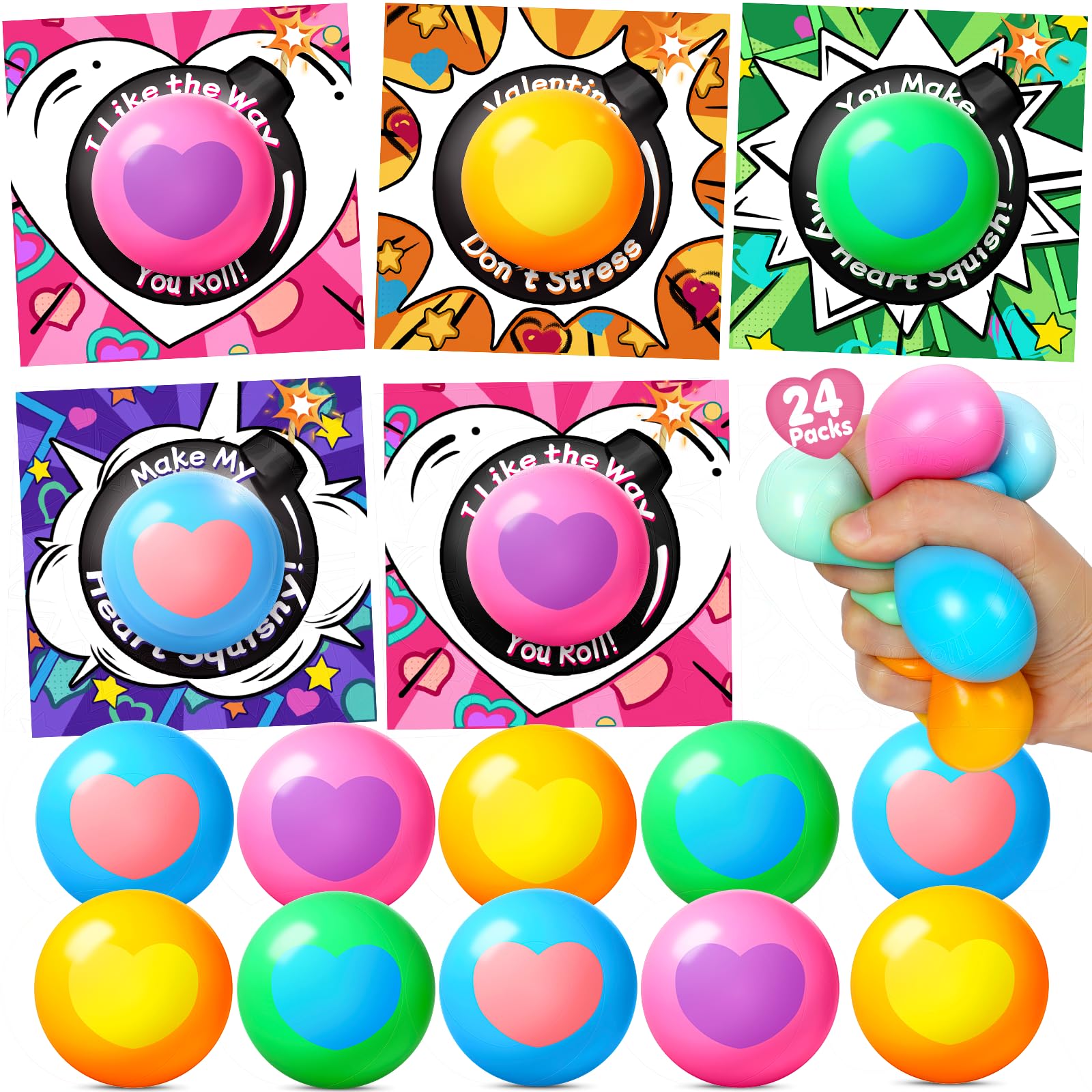 Valentines Day Cards for Kids School, 24 Pack Heart Stress Balls Valentine Day Gifts for Boys Girls, Squeeze Toys for Valentine Party Favor, Ideal Valentines Gifts for Classroom Exchange Prize
