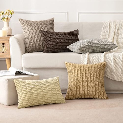 MIULEE Euro Sham Pillow Covers - Soft Boho Striped Corduroy | 26x26 Inch, Light Brown, Modern Farmhouse Decor