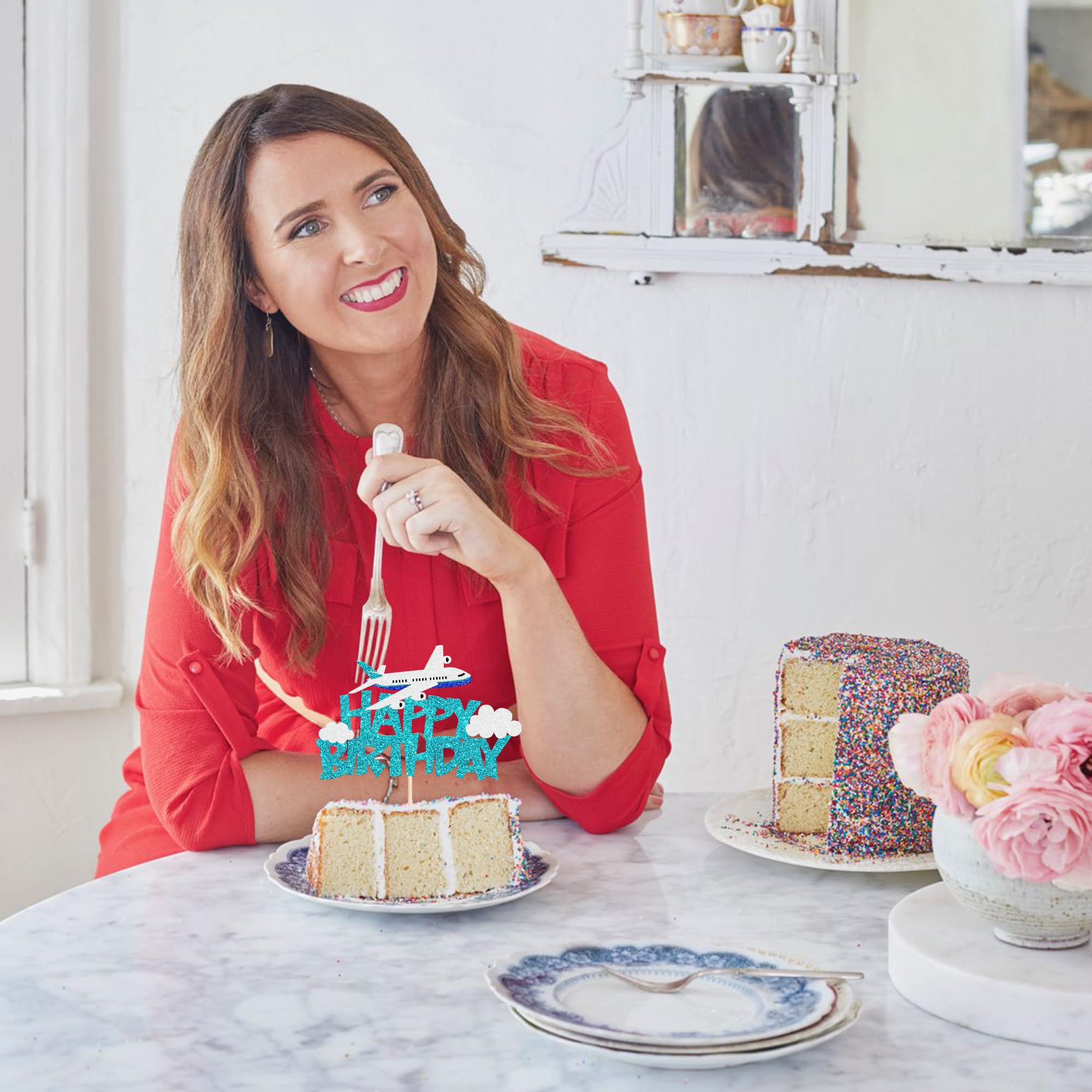 1 Pack Airplane Birthday Cake Topper Blue Airplane Happy Birthday Cake Pick Decoration for Plane Travel Airman Theme birthday baby shower Boys Girls Kids Cake Decorations Supplies