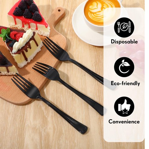 Minatee 50 Pcs Plastic Forks Disposable Cutlery Heavy Duty Dinnerware Plastic Silverware Flatware for Parties Supplies Dessert Picnics Holiday House(Black)