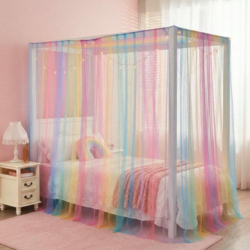 JQWUPUP Rainbow Bed Canopy for Girls Kids, 4 Corner Post Princess Twin Canopy Bed Curtains with DIY Star Stickers for Bedroom Decor