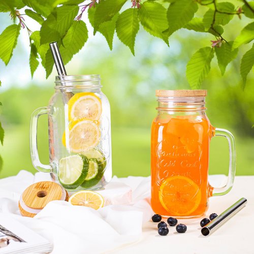 QWEZXO 24 OZ Mason Jar Drinking Glasses with Bamboo Lids and Stainless Steel Straws for Party Beverages,Iced Coffee 2Pack