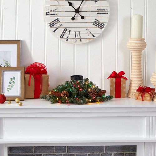 Nearly Natural 20-Inch Flocked Christmas Pine Candelabrum - 35 Multicolored Lights & Pine Cones