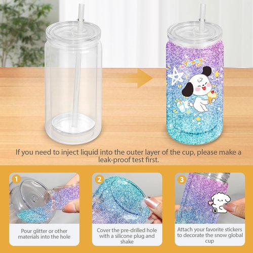 16 PCS Plastic Snow Globe Tumbler,16 oz Double Wall Tumbler with Pre Drilled Hole,Bulk Snow Globe Cups with Clear Lip and Straw,DIY Glitter Snowglobe(No gold powder)