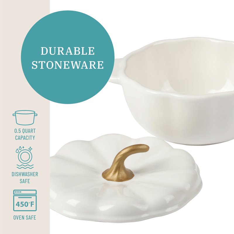 .5 Quart Pumpkin Stoneware Mini Cocottes with Lids - Linen, Set of 3 - White