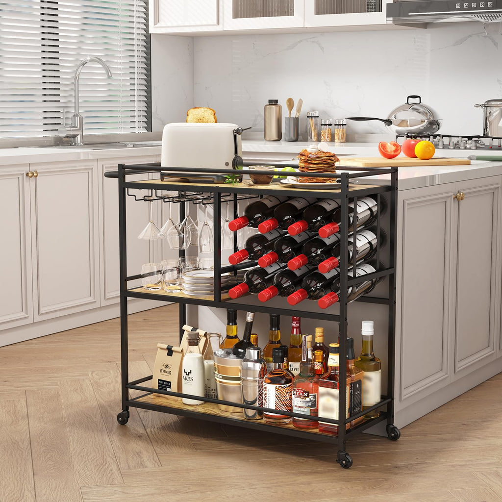 Lifewit Bar Cart for The Home, 3 Tier Drink Cart with Lockable Wheels, 12 Wine Rack and 3 Rows Glass Holders, Liquor Serving Cart for Livingroom, 80 x 33.2 x 86 cm/31.6 x 13.1 x 33.9 inch Rustic Brown