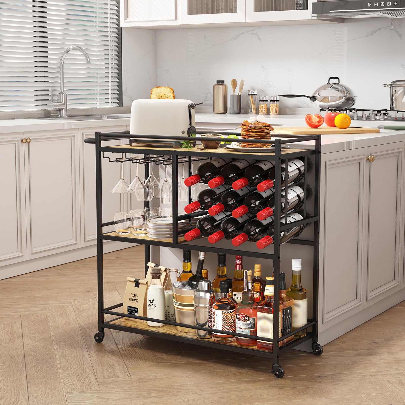 Lifewit Bar Cart for The Home, 3 Tier Drink Cart with Lockable Wheels, 12 Wine Rack and 3 Rows Glass Holders, Liquor Serving Cart for Livingroom, 80 x 33.2 x 86 cm/31.6 x 13.1 x 33.9 inch Rustic Brown