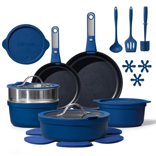 CAROTE 22pcs Pots and Pans Set Non Stick, Nonstick Cookware Set, Dishwasher/Oven/Fridge Safe Pots and Pans, Removable Handle RV Oven Safe Cookware, Induction Kitchen Set, Blue