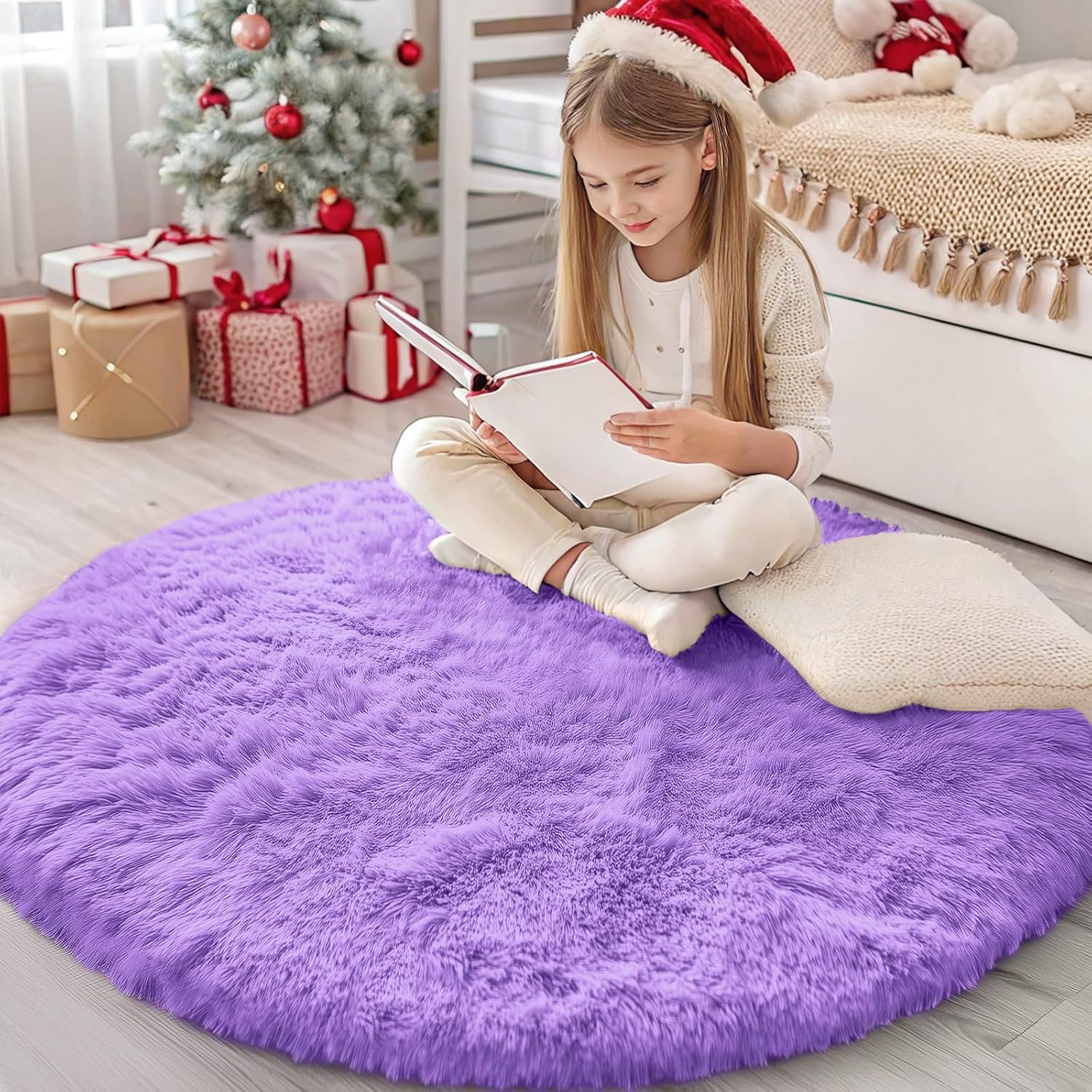 OLANLY Purple Round Rug - Soft & Fluffy Machine Washable 4 ft Circle Area Rug for Bedroom & Living Room