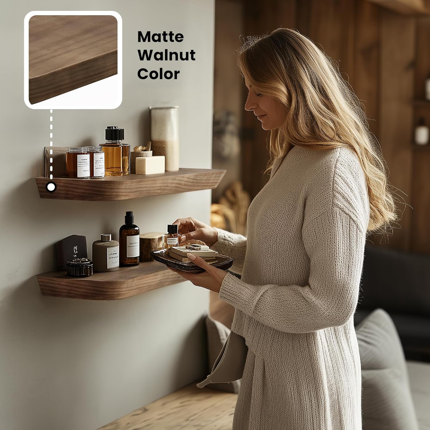Wood Floating Shelves | 16-Inch Set of 2 - Stylish Bathroom & Living Room Storage - American Walnut Finish