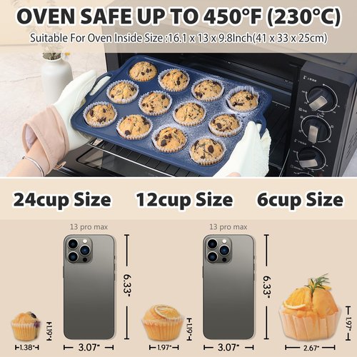 Vnray 2 Pack Silicone Muffin Pan 12 and 24 Cup with Metal Frame,Non Stick Silicone Mini Cupcake Pan with Handles, BPA Free Silicon Regular Muffin Tin Tray Small for baking, egg bites, Mold Grey