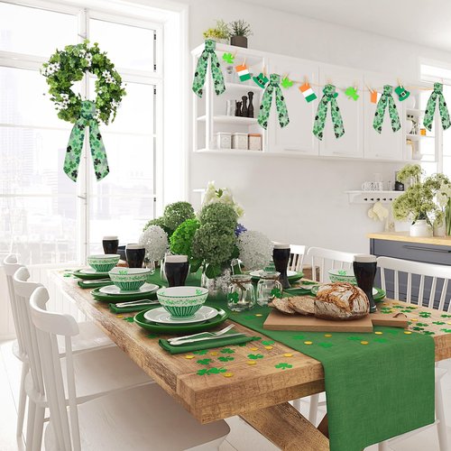 2Pcs St Patricks' Day Wreath Sash Green Shamrock Bow Front Door Spring Holiday Irish Clover Tree Sash for Wreath Front Saint Patrick's Day Decorations Supplies (55'' x 4.7'')