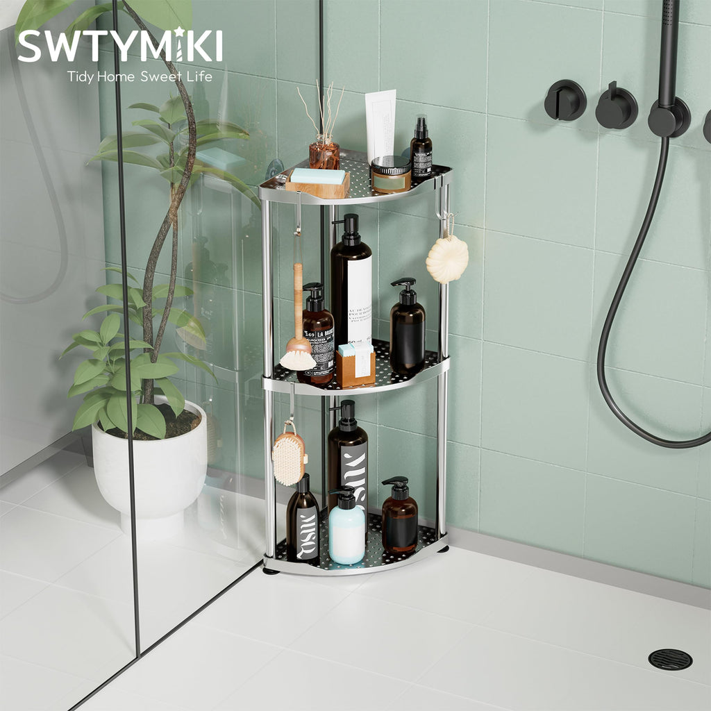 SWTYMIKI Corner Shower Caddy Standing - 3 Tier Stainless Steel Shower Organizer Stand, Large Capacity Floor Shelf with 4 Hooks, Rustproof Bathroom Storage Rack,Silver