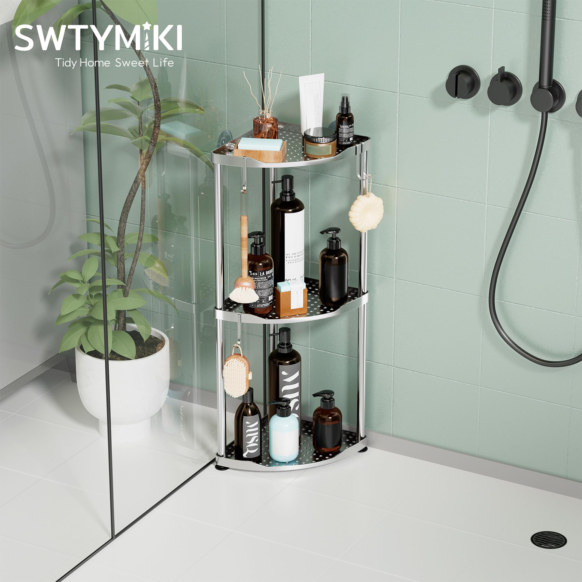 SWTYMIKI Corner Shower Caddy Standing - 3 Tier Stainless Steel Shower Organizer Stand, Large Capacity Floor Shelf with 4 Hooks, Rustproof Bathroom Storage Rack,Silver
