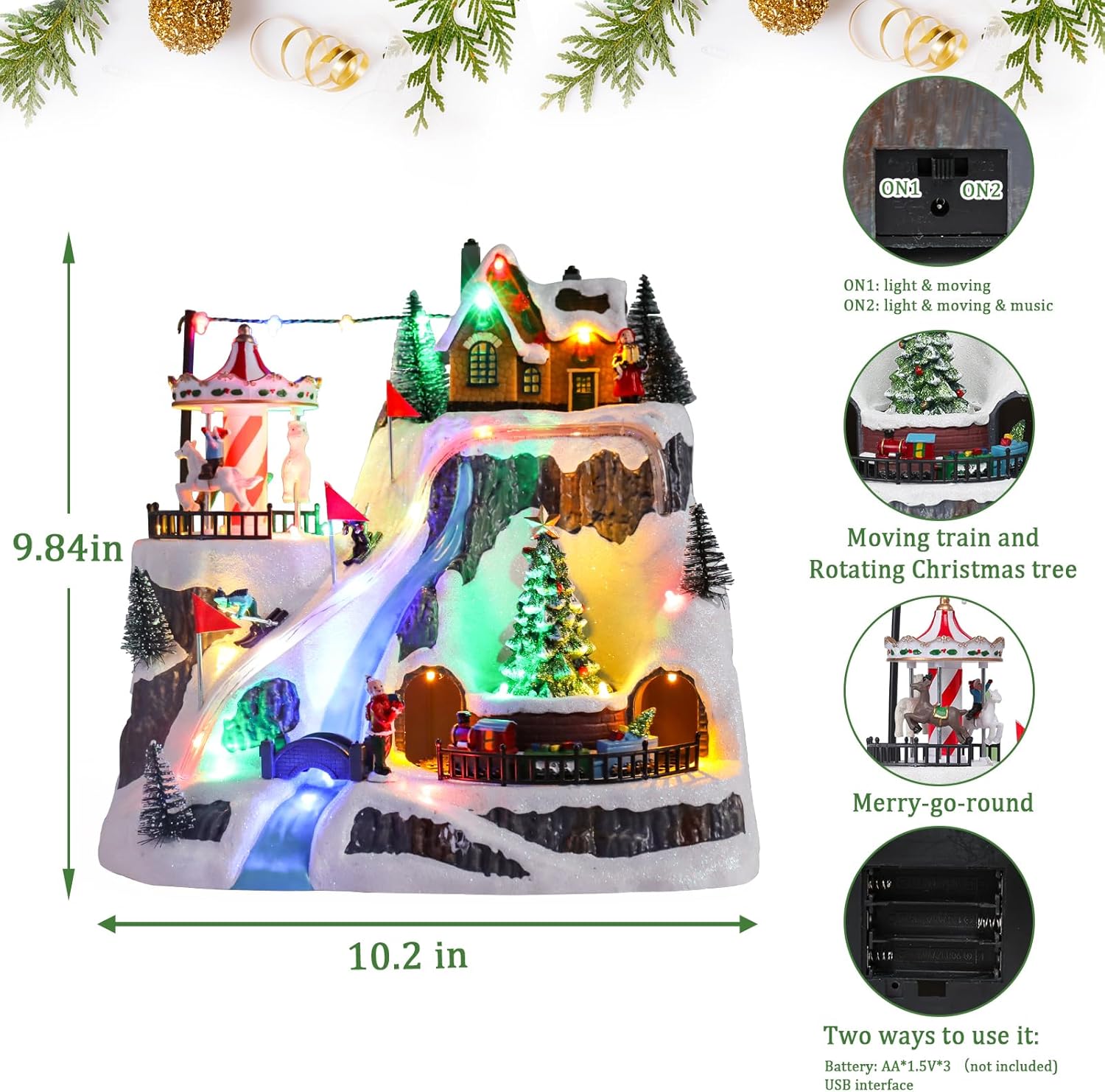 Wonder Garden Christmas Village Houses - Lighted Musical Ski Resort with Moving Train & Carousel | Holiday Decor