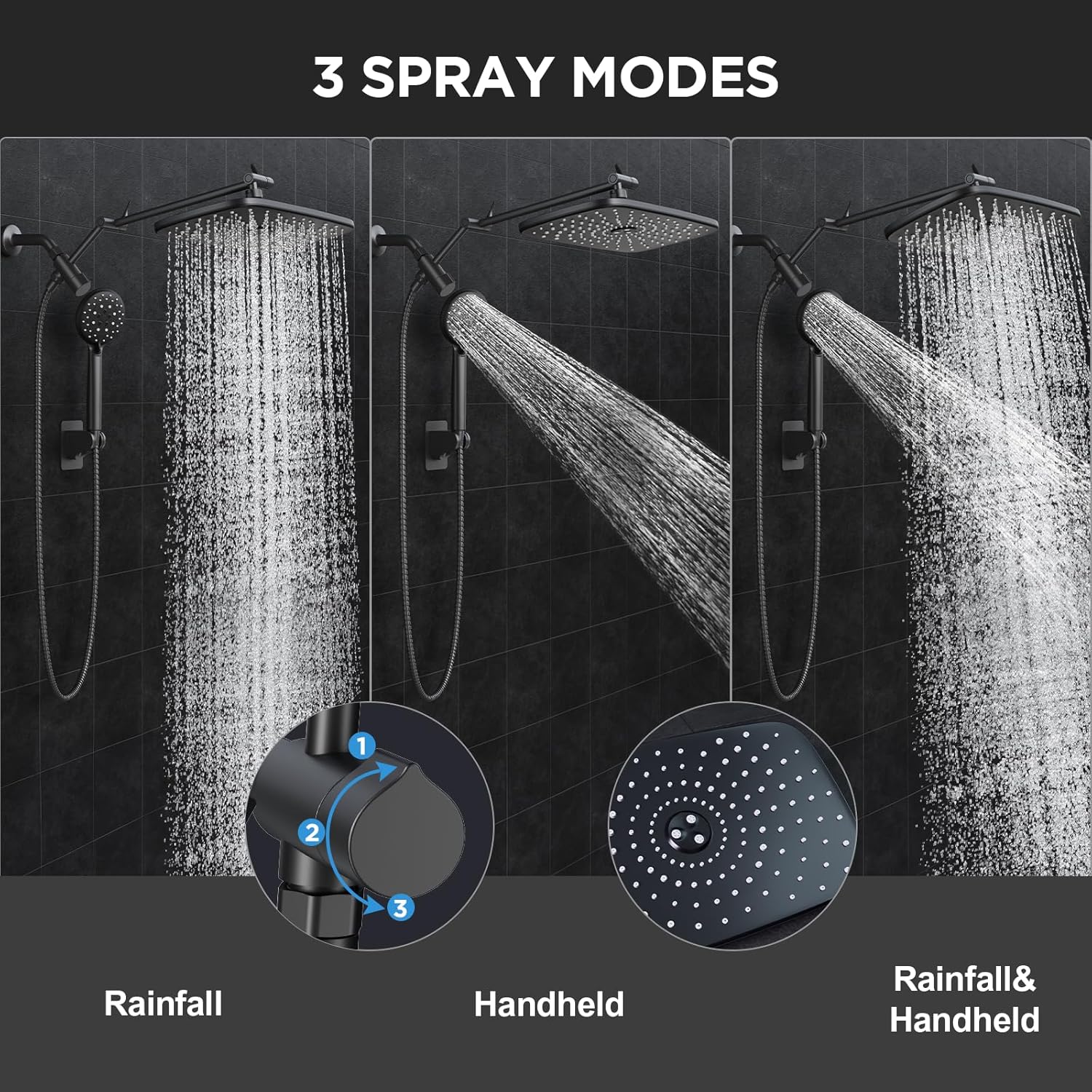 Veken Rain Shower Head - High Pressure Handheld Shower with Multi Spray Modes | 11.8" Matte Black