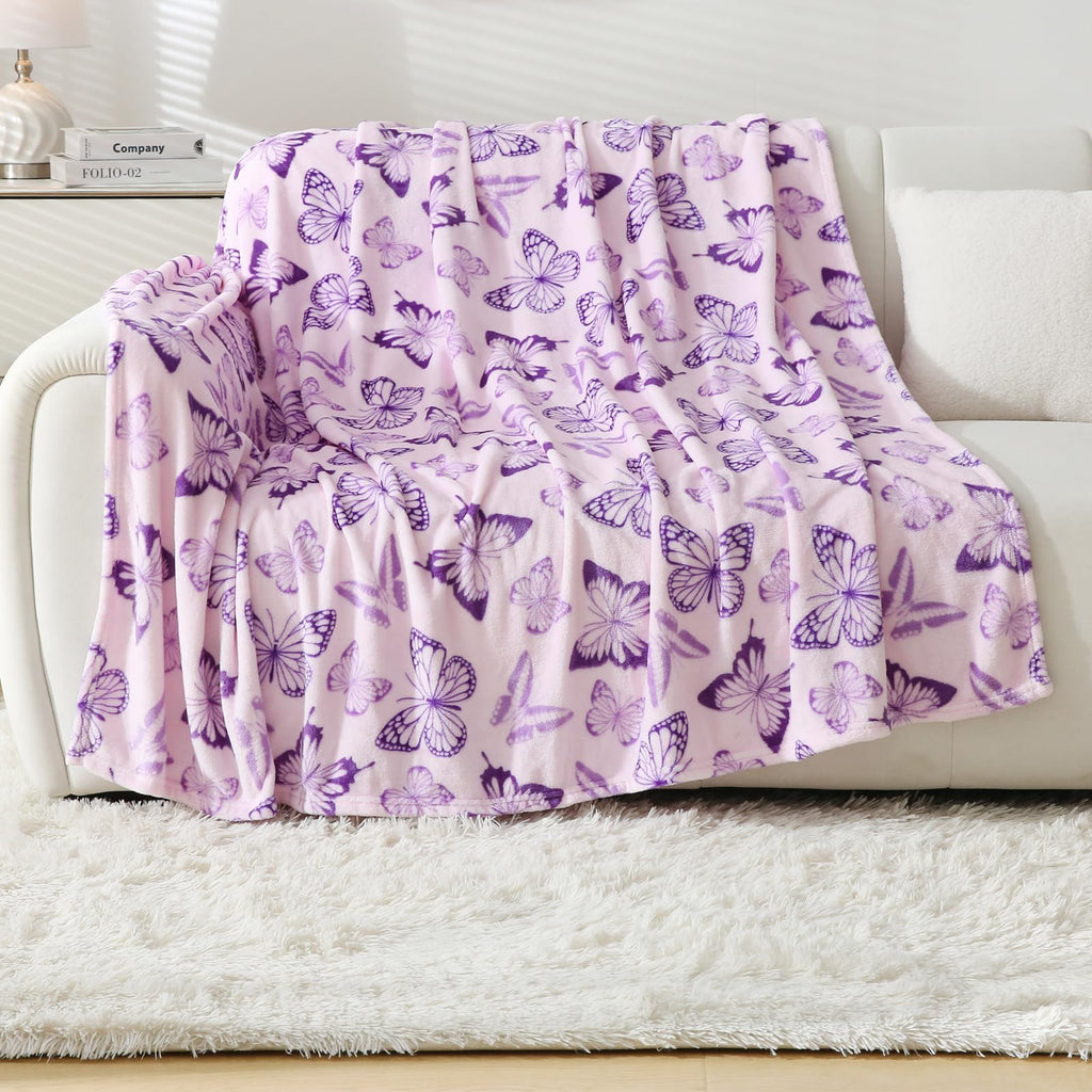 Softan Fleece Blanket - Purple Butterfly Throw Blanket - Fuzzy Lightweight Super Soft Microfiber Flannel Blankets for Couch, Bed, Sofa - Ultra Luxurious Warm and Cozy for All Seasons (60"×80")