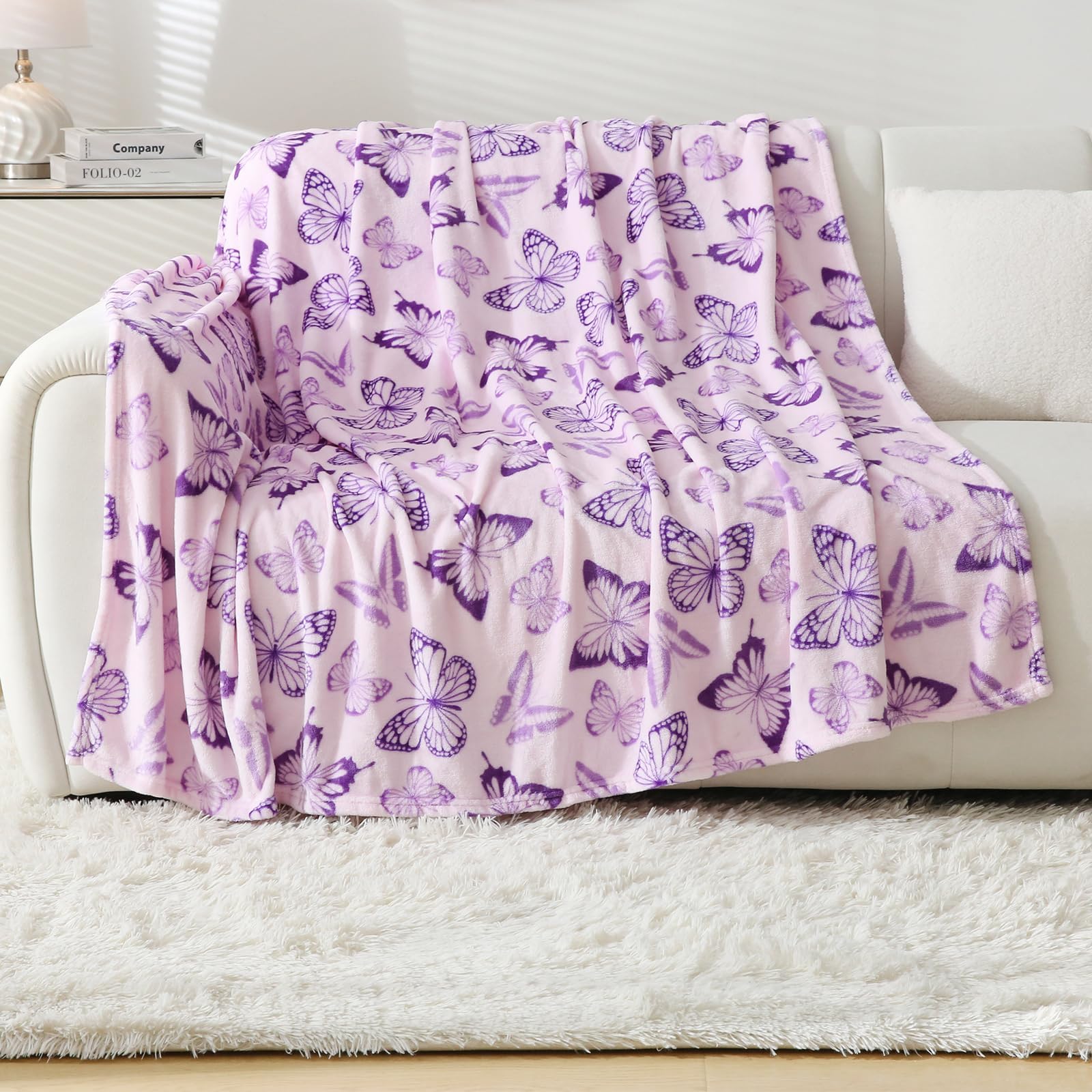 Softan Fleece Blanket - Purple Butterfly Throw Blanket - Fuzzy Lightweight Super Soft Microfiber Flannel Blankets for Couch, Bed, Sofa - Ultra Luxurious Warm and Cozy for All Seasons (60"×80")