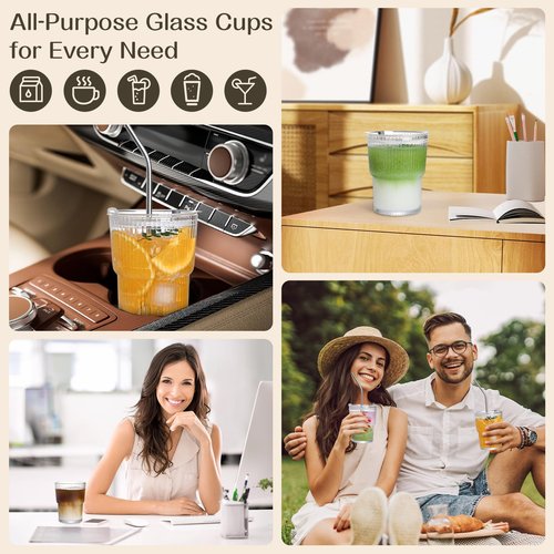 AUFXKOO 13oz Iced Coffee Cups,2Pcs Glass Cups with Lids and Straws Drinking Glasses,Clear Ribbed Glassware,Reusable Tumbler Glass to Go Cup for Matcha, Iced Tea,Juice
