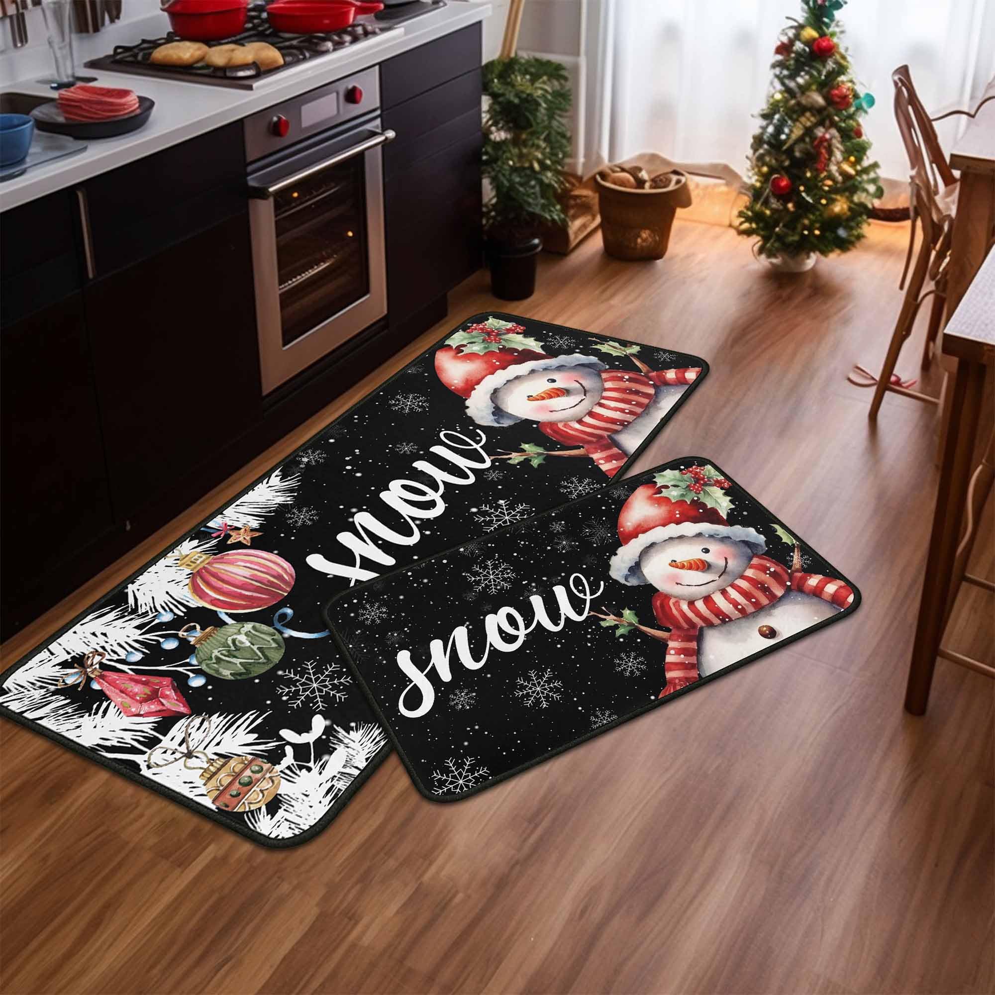 Yovirinto Red Buffalo Plaid Snowflake Christmas Kitchen Rugs and Mats Set of 2, Winter Home Decor Low-Profile Floor Mat Decorations for Home Kitchen 17"x47"+17"x30"
