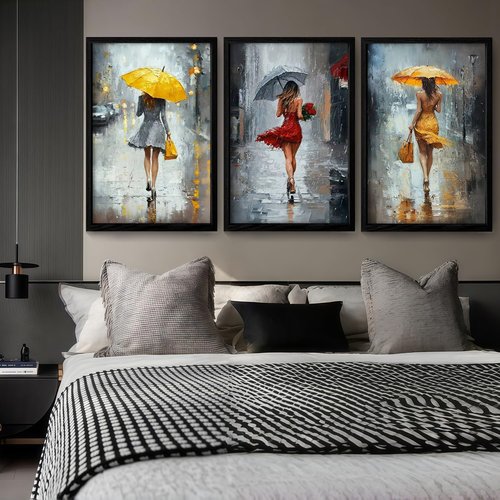 JIMUJIA Framed Canvas Art - 3-Piece Abstract Yellow & Red Umbrella City Scene | 16x24 Inch Wall Decor for Living Room, Bedroom, Office