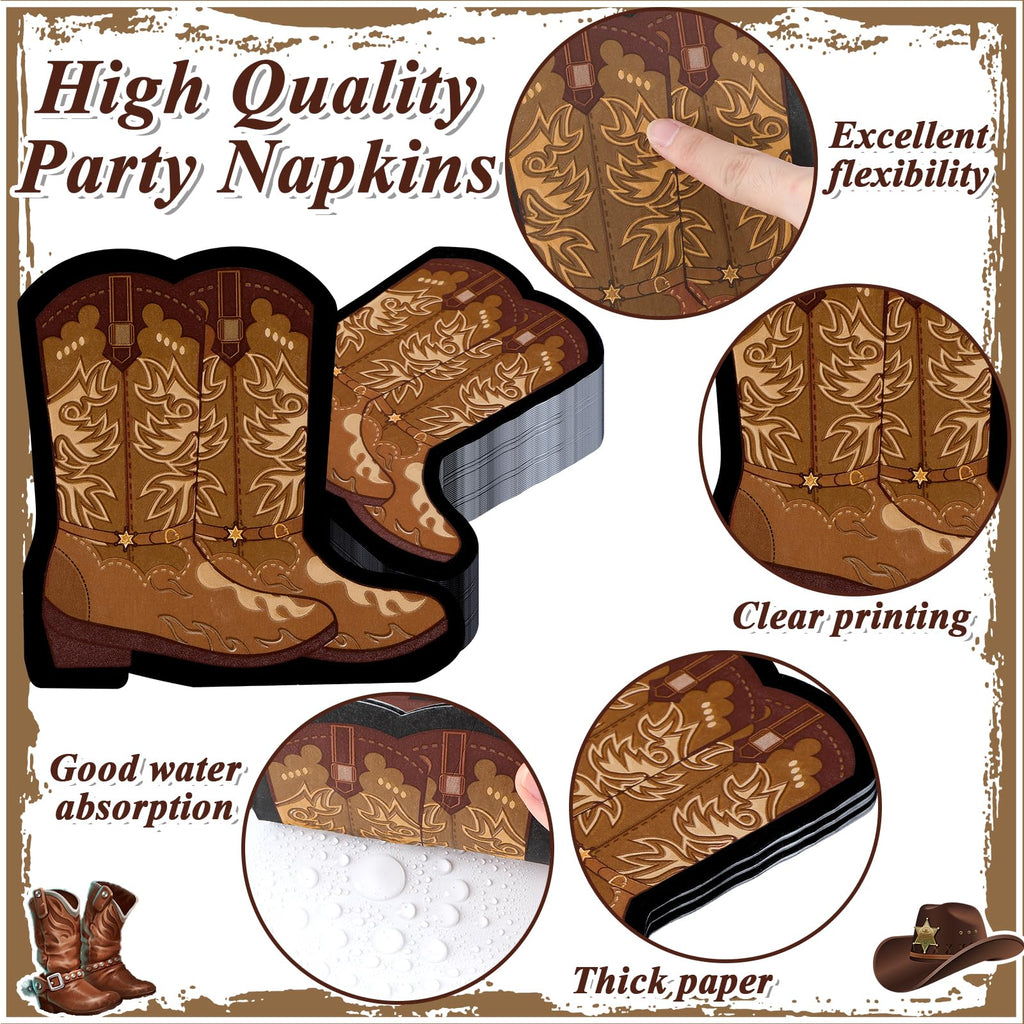 200Pcs Cowboy Boot Napkins Western Cowboy Party Decorations Wild West Cowgirl Boot Decorative Napkins Parties Supplies for Baby Shower Rodeo Boot Shaped Birthday Lunch Dinner Table Decor Party Favor