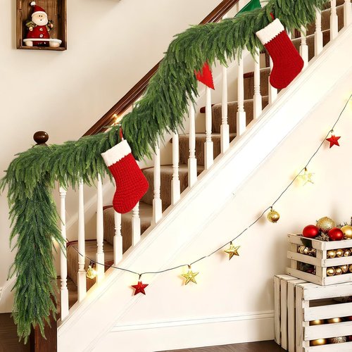Christmas Norfolk Pine Garlands - 9ft Artificial Garland Faux Green Fake Pine Needles Garland for Fireplace,Table,Window,Stairs,Mante,Holiday Indoor Outdoor Xmas Decor(1PCS)