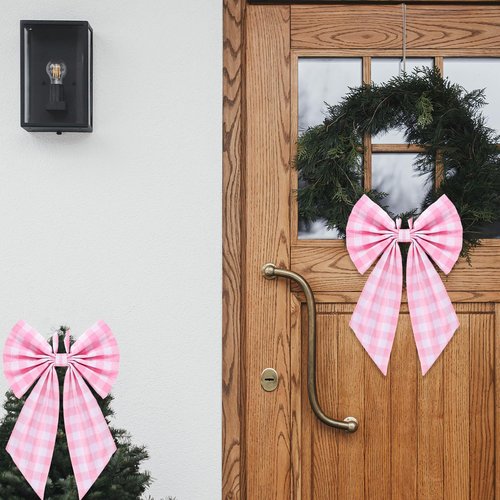 Suncalla 2 Pcs Pink Plaid Wreath Bow 19.6'' x 11.8'' Coquette Front Door Hanger Cute Bow Wreath Accessories Xmas Party Yard Doorway Indoor Outdoor Wall Decoration