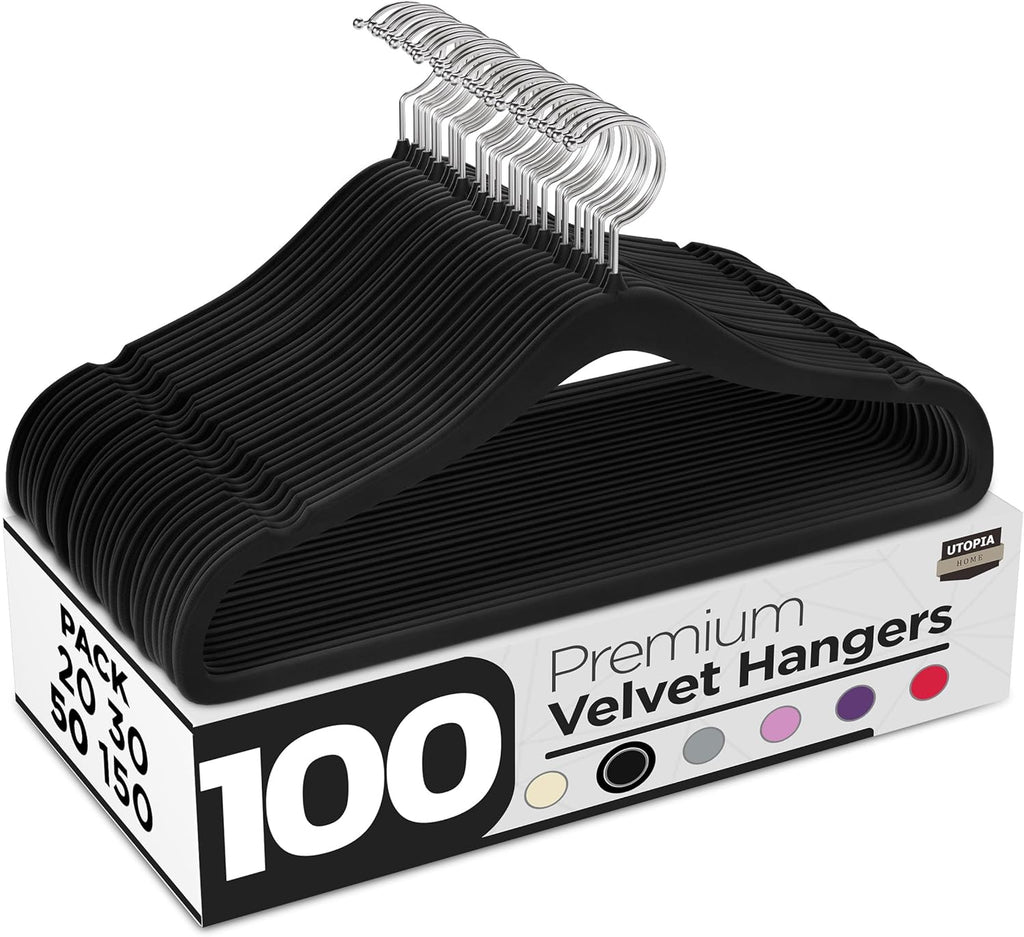 Utopia Home Velvet Hangers - 100 Pack Luxury Non-Slip Slim Coat & Pant Hangers | Space-Saving Black Design