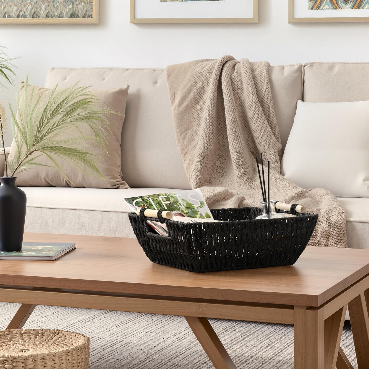 StorageWorks Large Wicker Storage Basket - Organize with Wooden Handles | Black, 2-Pack