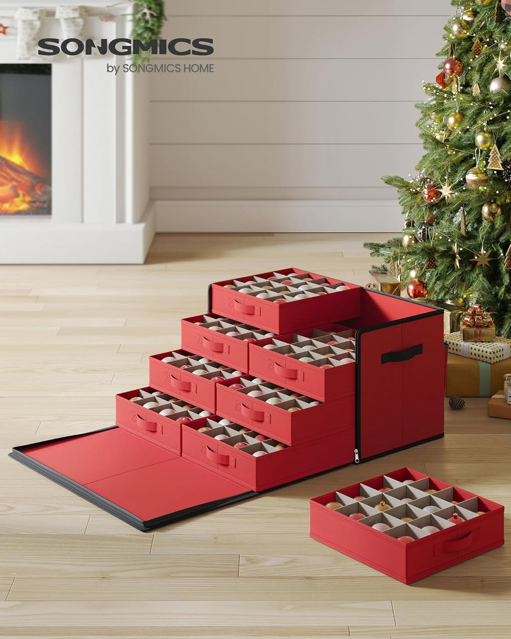 SONGMICS Large Christmas Ornament Storage Box - Stackable Container with 8 Drawer Trays, 128 Slots, Cherry Red