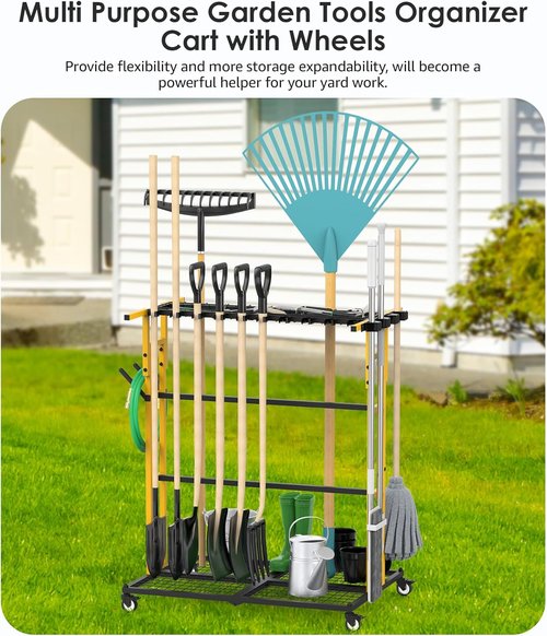 CCCEI Garage Organization Cart - Mobile Outdoor Tool Organizer for Yard & Garden Supplies | Ideal for Brooms, Shovels & Rakes
