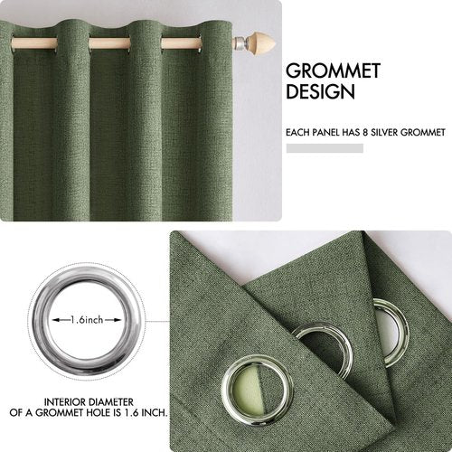 MIULEE 100% Blackout Linen Textured Curtains - Olive Green Thermal Insulated Drapes | 42 x 63 Inch (2 Panels)