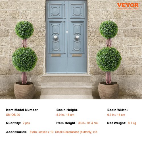 VEVOR Artificial Boxwood Topiary Tree, 36 inch Tall (2 Pieces), Double Ball Faux Topiary Trees, Faux Plant w/Extra Leaves & Pot & Small Decoration, UV Rated Set for Home Decor Indoor/Outdoor