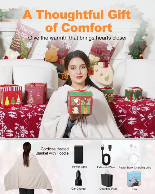 MIMYTH Cordless Heated Blanket with Hood, Rechargeable Wearable Heated Blanket Battery Powered with Lasting Battery, Portable Heated Throw Blanket with 9 Heating Zones & 3 Levels Adjustable, Camping